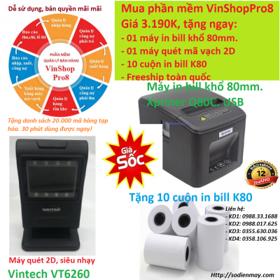 Siêu KM mua phần mềm bán hàng VinShopPro8 tặng máy quét mã vạch + máy in bill
